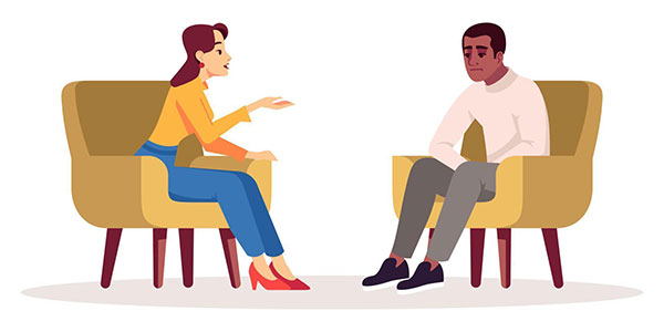 therapy session semi flat rgb color illustration interview meeting talking couple people having conversation in cozy armchairs psychology consultation isolated cartoon character on white vector